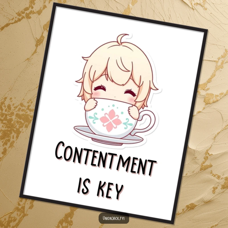 Funny poster featuring a content character holding a tea cup, symbolizing peace and relaxation.