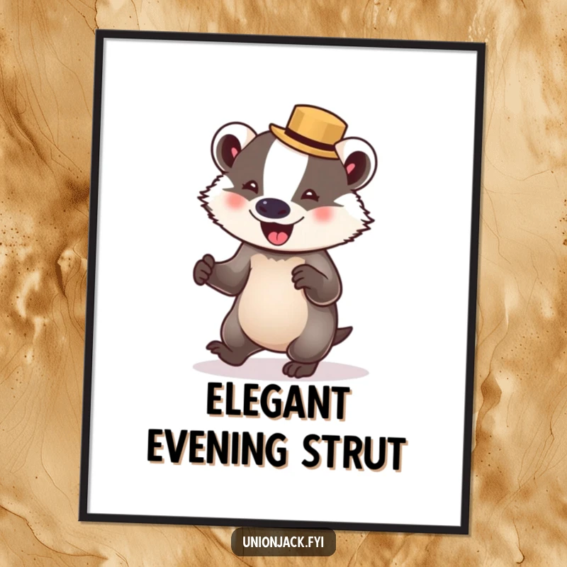 Funny badger poster shows a delighted badger in a bowler hat, attempting to waltz, creating a humorous and artistic statement.