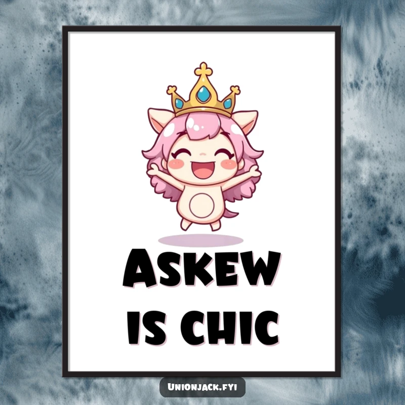 Funny poster art of a character excitedly bouncing with a regal crown askew, capturing exuberant joy and playful, regal celebration.