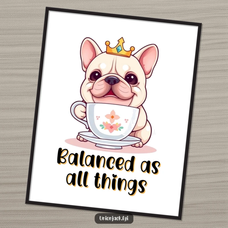 Funny bulldog poster featuring a cheerful bulldog in a crown, attempting to balance a teacup, creating a humorous and artistic statement.