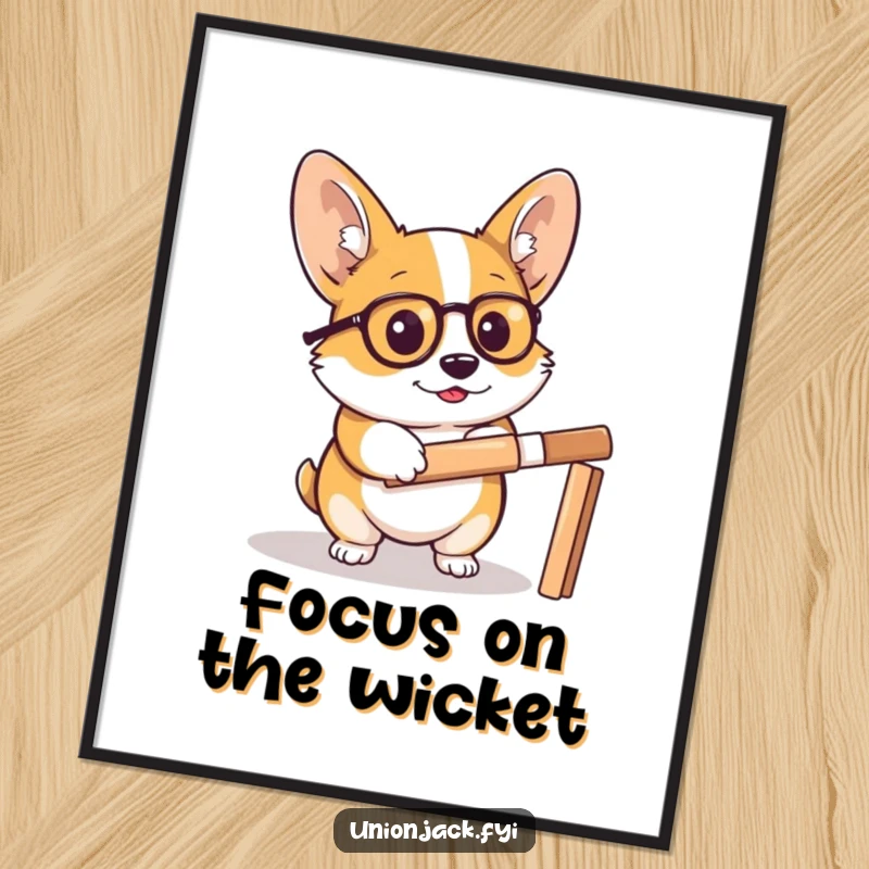 Funny corgi poster shows a determined corgi wearing a monocle, holding a cricket bat, ready to play, a humorous piece of wall art.