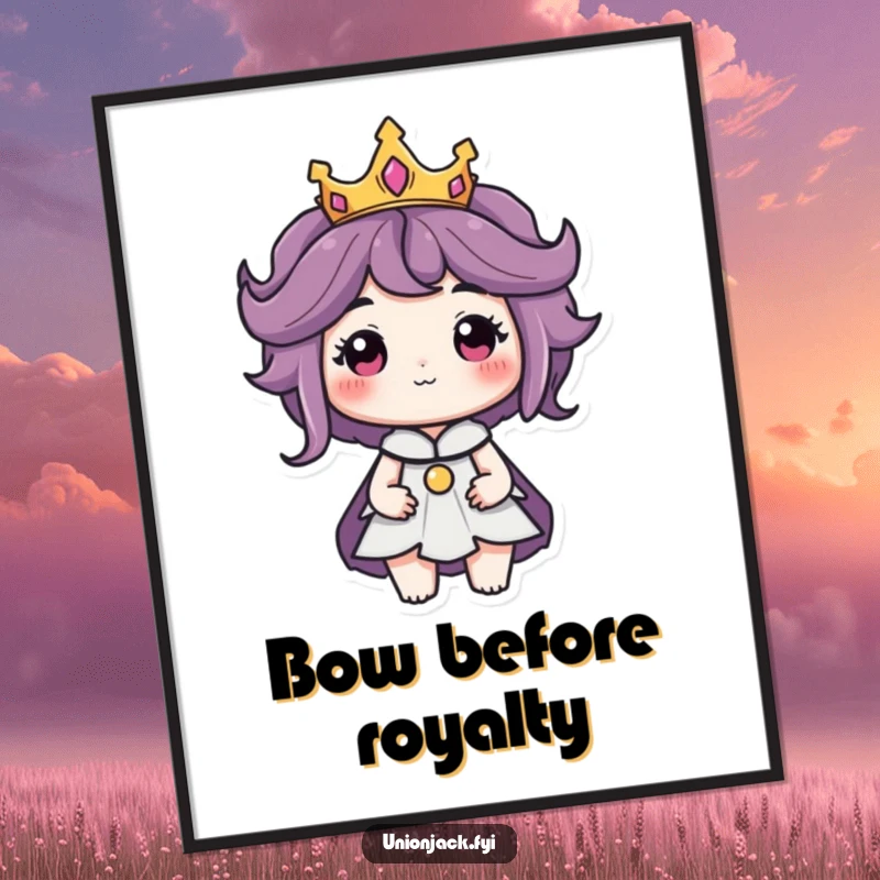 Funny poster of a character wearing a tiny crown with a regal air, creating majestic and humorous wall art.