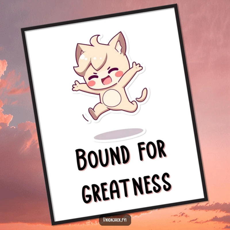 Funny poster art of a character in a determined, playful jump. A humorous and motivational illustration for any wall.