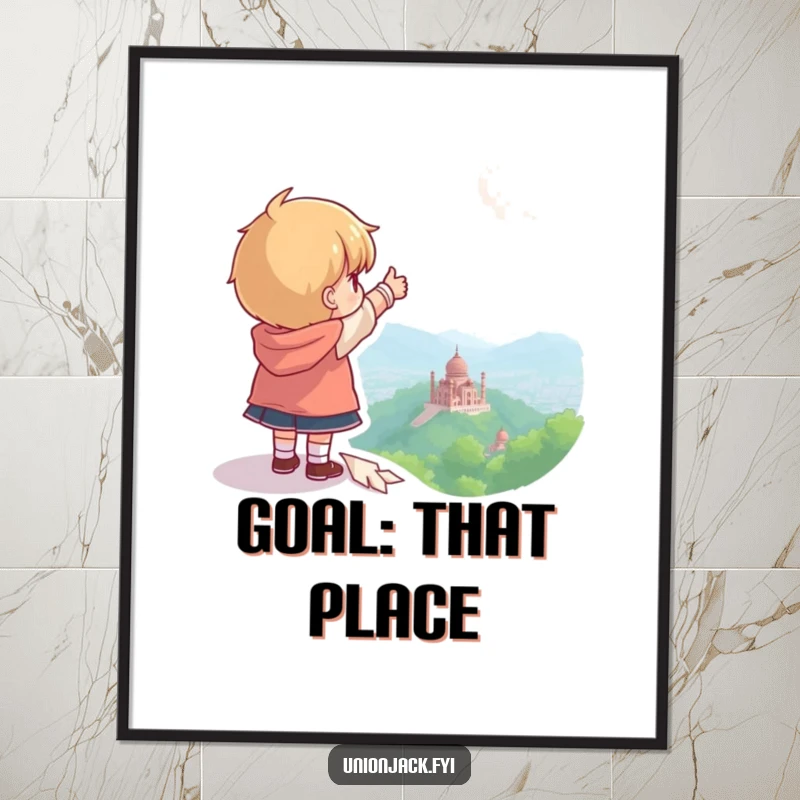 Funny poster showing a character pointing to a far-off landmark, symbolizing ambition and the spirit of exploration.