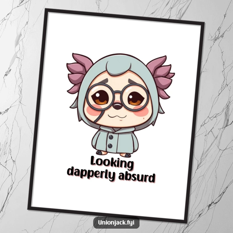 Funny poster art of a character making a funny face while wearing a monocle. Elegant and humorous wall decor.