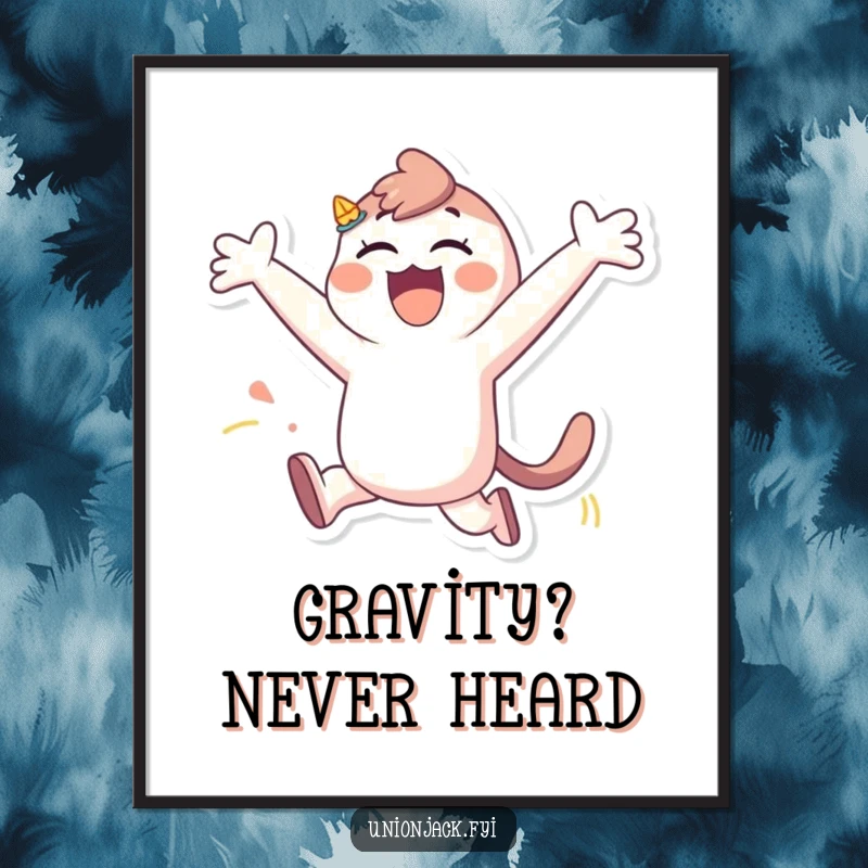 Funny poster print of a character mid-leap with arms spread wide in a gesture of pure, unbridled joy and playful abandon.