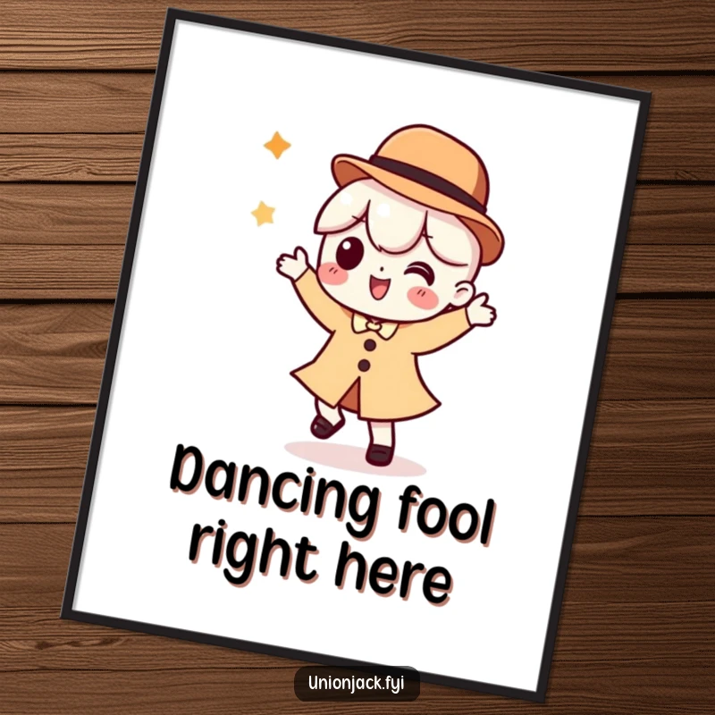 Funny poster art of a character performing a silly dance while wearing a bowler hat, exuding playful and humorous vibes.