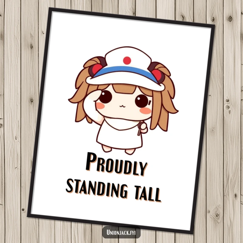 Funny poster depicting a cute character saluting proudly with a tiny flag, adding patriotic charm to wall art.