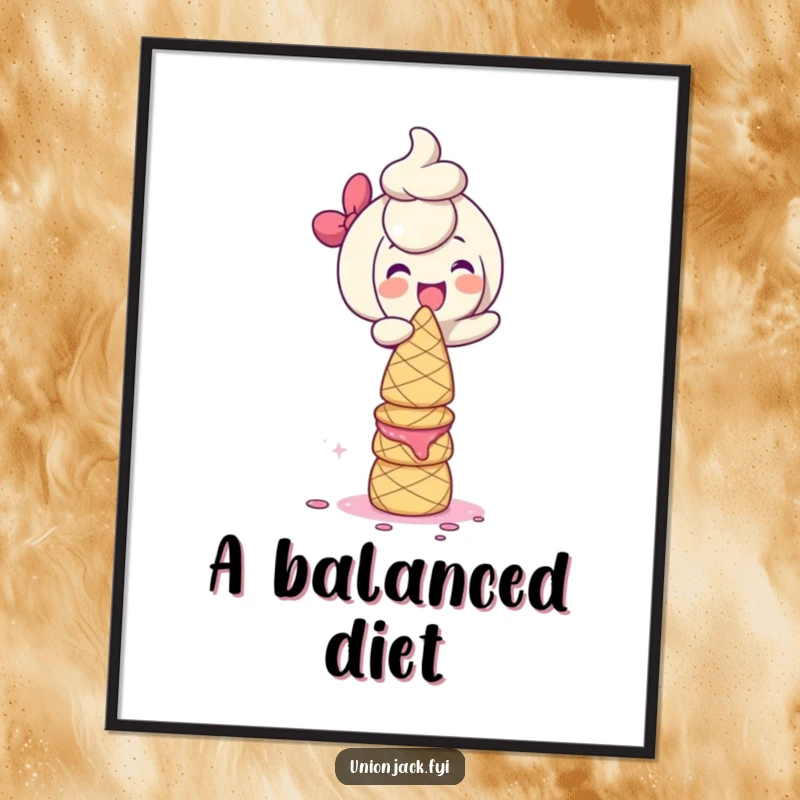 Funny Poster: Character giggling while balancing a tall, precarious tower of scones, perfect for charming kitchen or cafe wall decor.