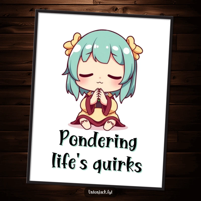 Funny poster featuring a character in a classic thoughtful pose, hands clasped, symbolizing wisdom and introspection.