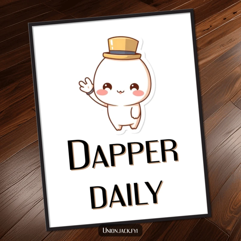 Funny poster art of a cute character in a tiny top hat, cheerfully waving, adding a touch of dapper charm and politeness to any room.