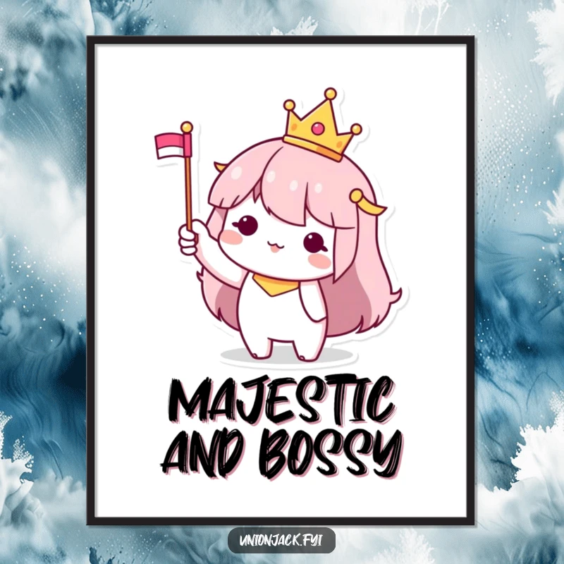 Funny Poster: Character with a small crown and flag, waving with an air of miniature majesty and joy.