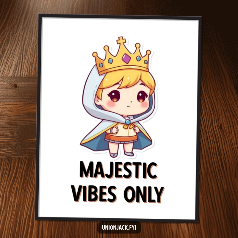 Funny poster art of a character looking regal in a crown and cape, humorous wall decor for royalty.