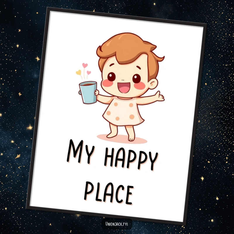 Funny Poster: A character in a happy dance holding a cup, bringing vibrant energy and a cheerful vibe to wall decor.