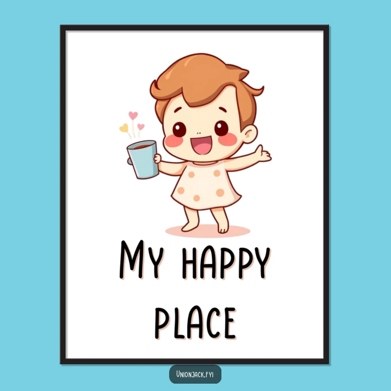 Wall Decor Funny Poster: Happy Character Dance & Cuppa - Joyful Art Print