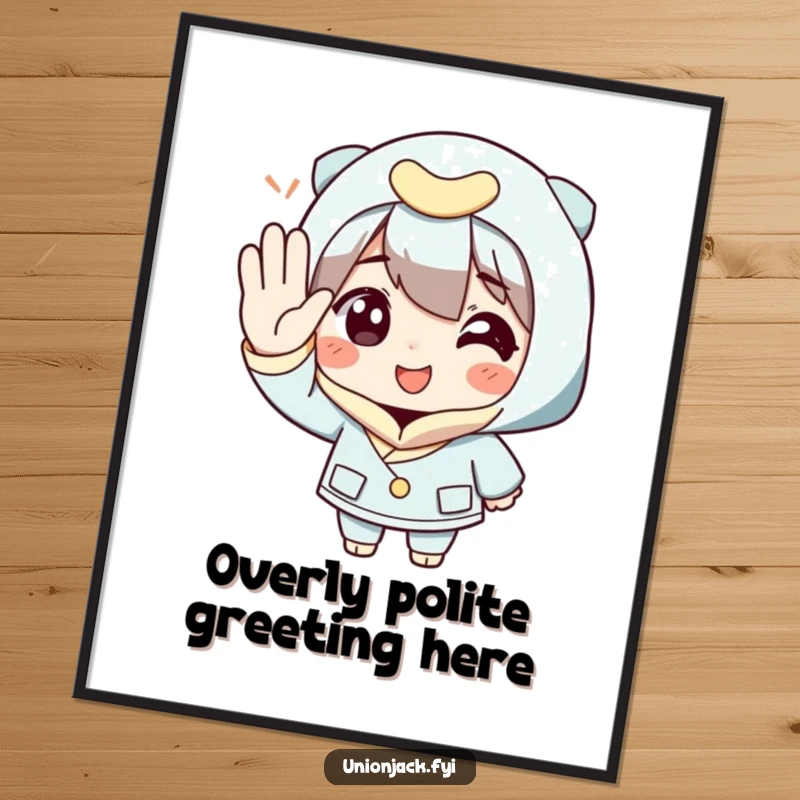 Funny Poster: A character stands tall, offering an exaggeratedly polite salute with a cheerful, wide smile.