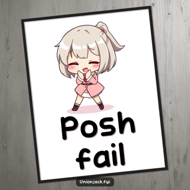 Funny poster art of a character comically tripping while attempting a posh curtsey, capturing elegant failure and refined, humorous moments.