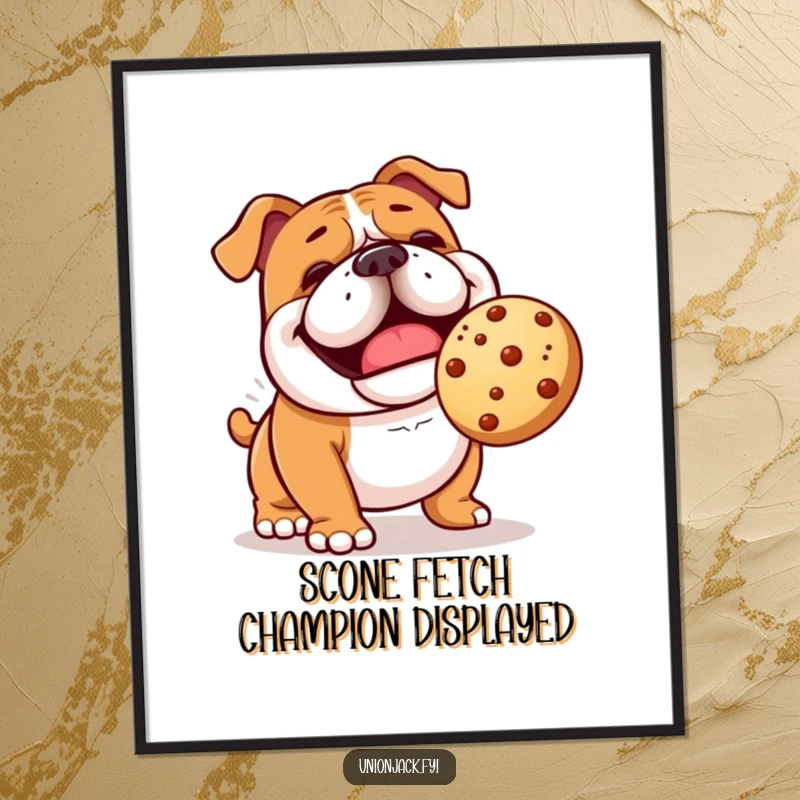 Funny bulldog poster showing a cheerful character comically playing fetch with a bouncing scone, adding playful art.