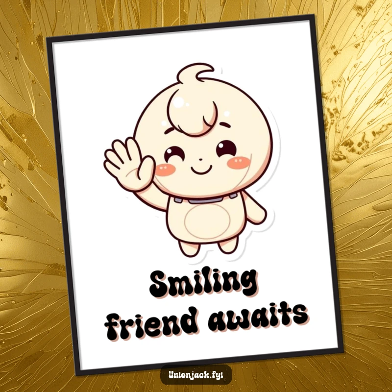 Funny poster showing a character giving a warm, inviting wave with a smile, embodying friendliness and cheerful artistic humor.