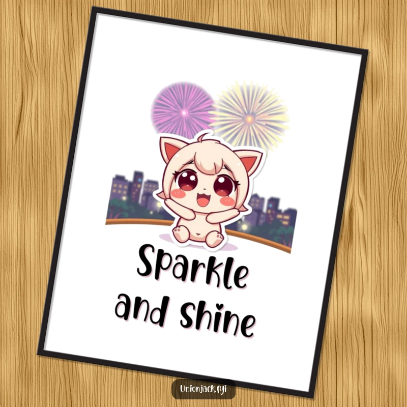 Funny poster of a cute character with wide, excited eyes looking up at a spectacular fireworks display.