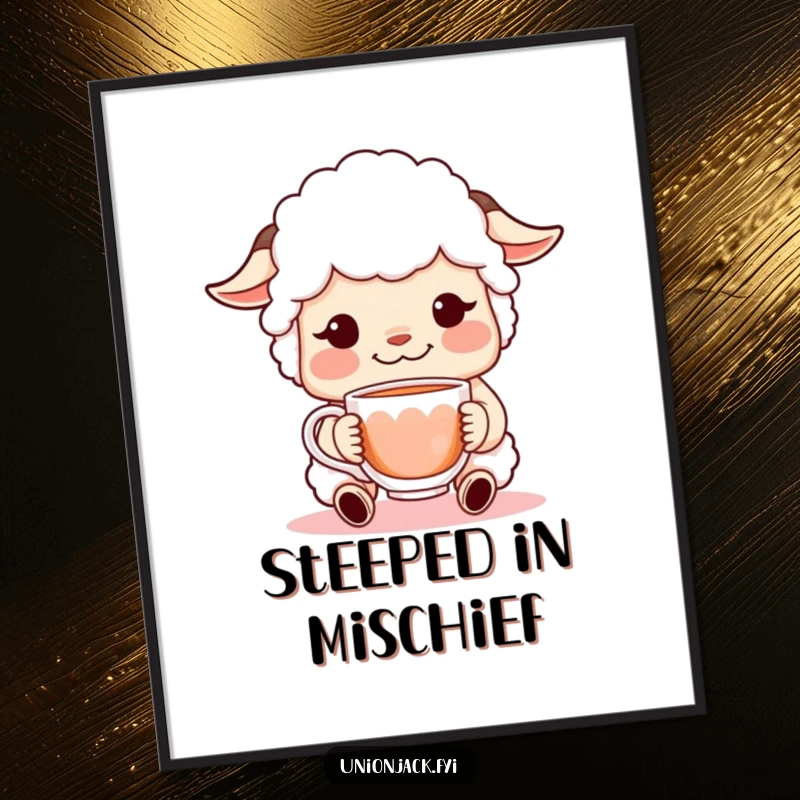 Funny poster displaying a sheepish character with a shy, endearing grin, holding out a cup of tea, perfect for adding whimsical humor to walls.