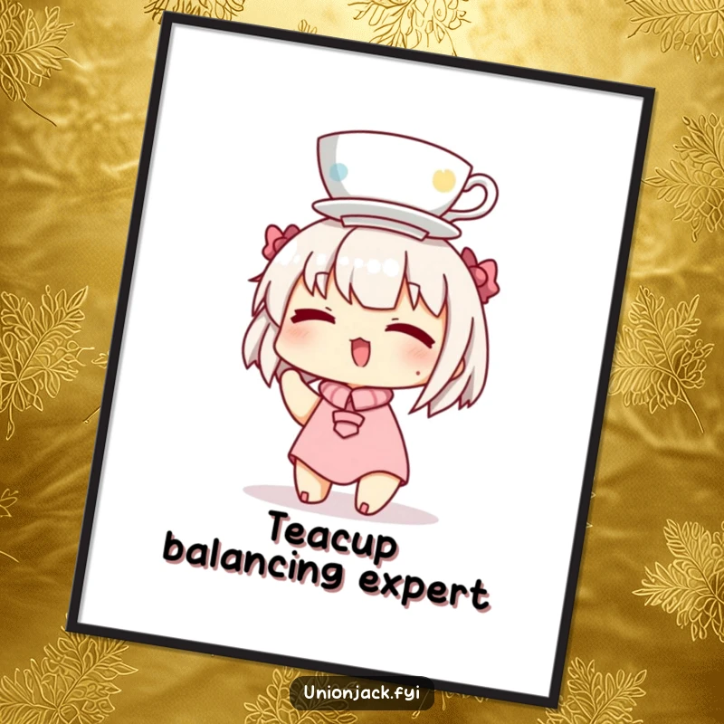 Funny poster print of a character winking while expertly balancing a teacup on their head, a humorous and captivating piece of art.