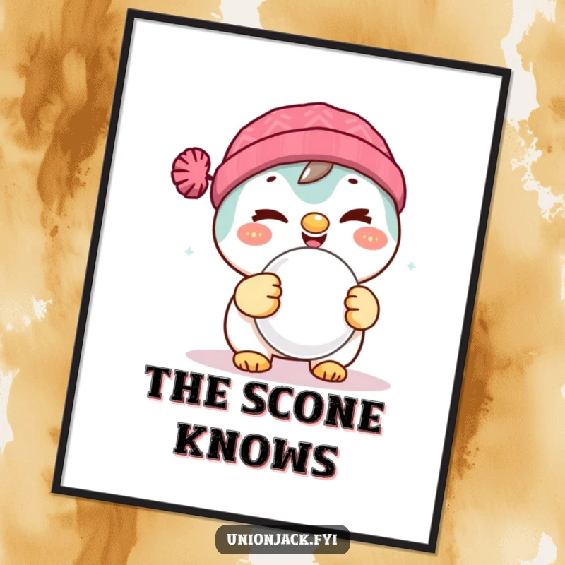 Funny poster art of a delighted character winking naughtily while holding a scone, perfect for foodies.