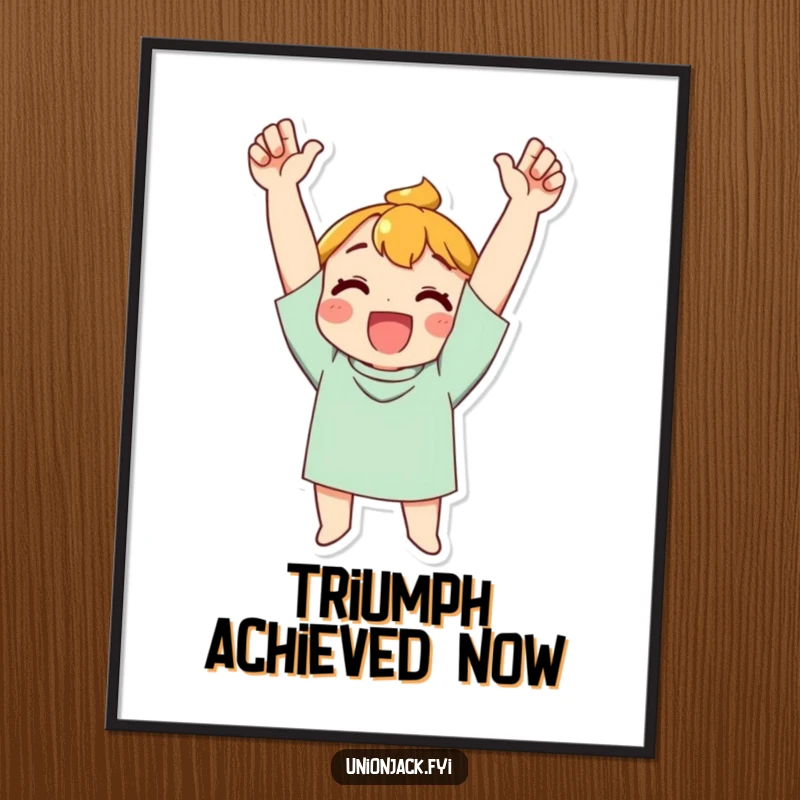 Funny Poster: Character cheering with arms raised high in triumph, symbolizing accomplishment, celebration, and ultimate success.