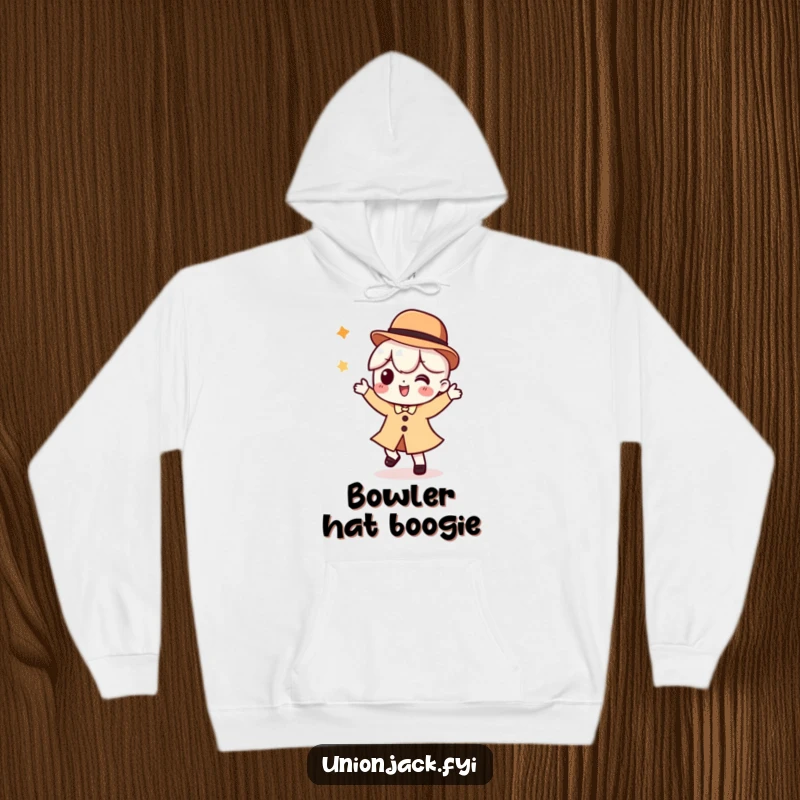 Funny hoodie featuring a character in a silly dance pose with a bowler hat, offering warm and humorous style for chilly days.