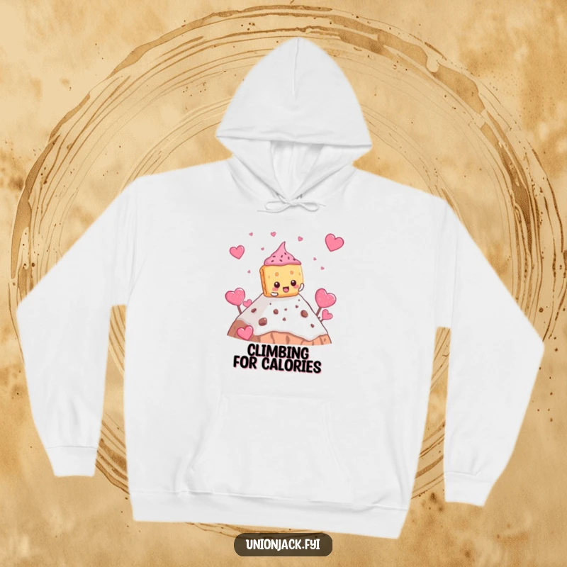 Funny biscuit hoodie featuring a determined character comically climbing a teacake mountain, offering warm and humorous wear.