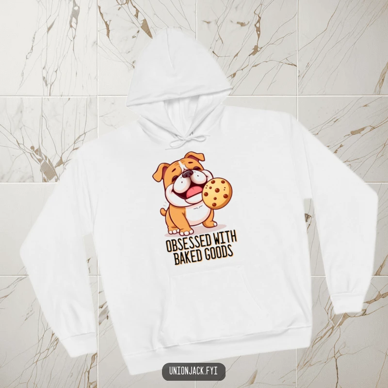 Funny bulldog hoodie featuring a cheerful character comically playing fetch with a bouncing scone, ideal for cozy humor.