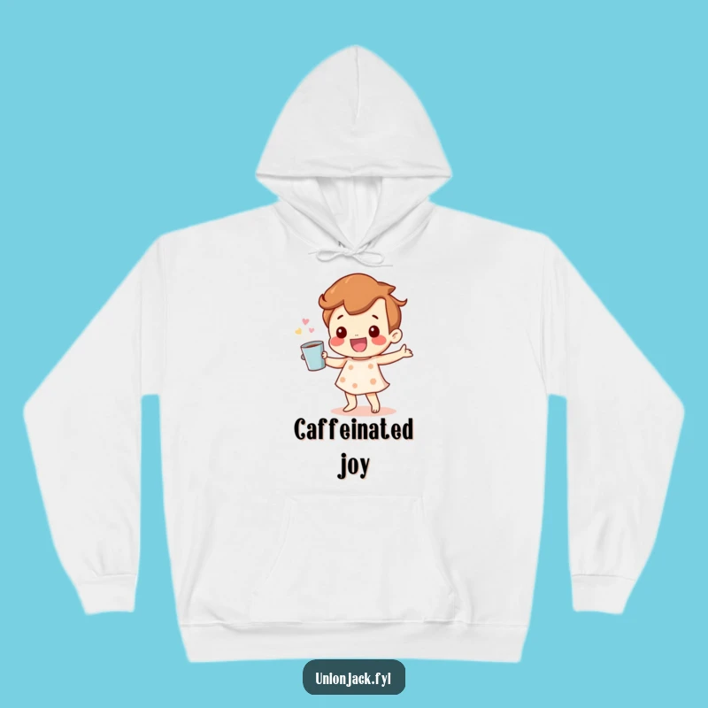 Cozy Funny Hoodie: Happy Character Dance & Cuppa - Warm & Cheerful Wear