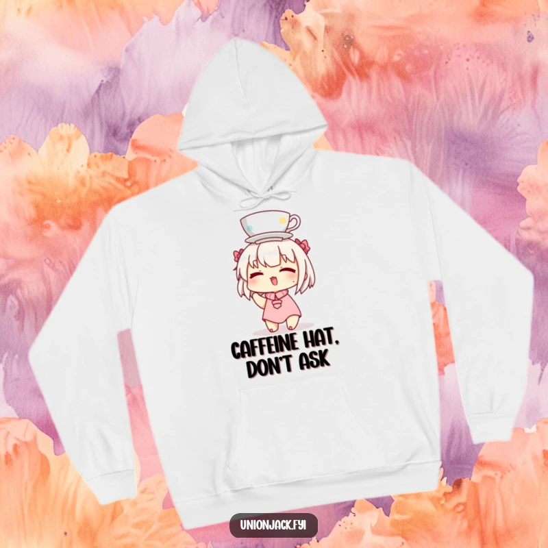Funny hoodie depicting a character winking with a teacup perfectly balanced on their head, blending comfort with playful humor.