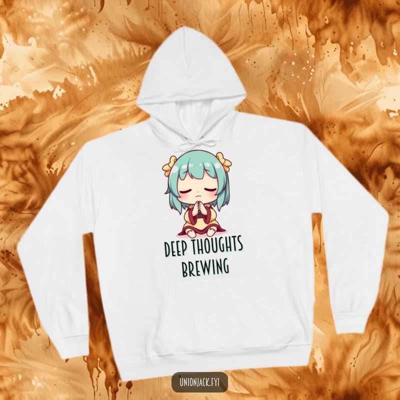 Funny hoodie featuring a character in a thoughtful pose, hands clasped, ideal for comfort and reflection.