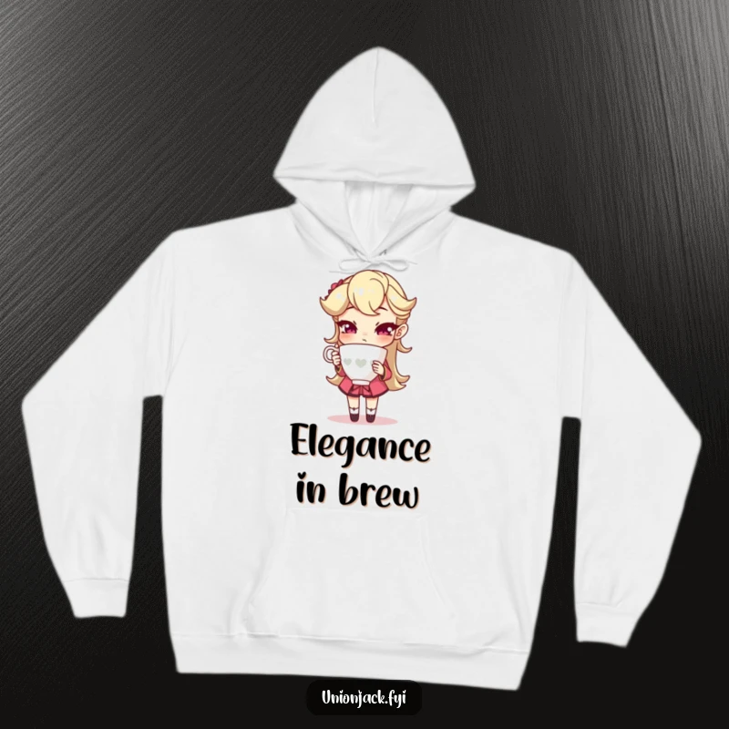 Funny hoodie with a character holding a teacup with an exaggeratedly sophisticated pose, offering warmth and a vibe of playful elegance.