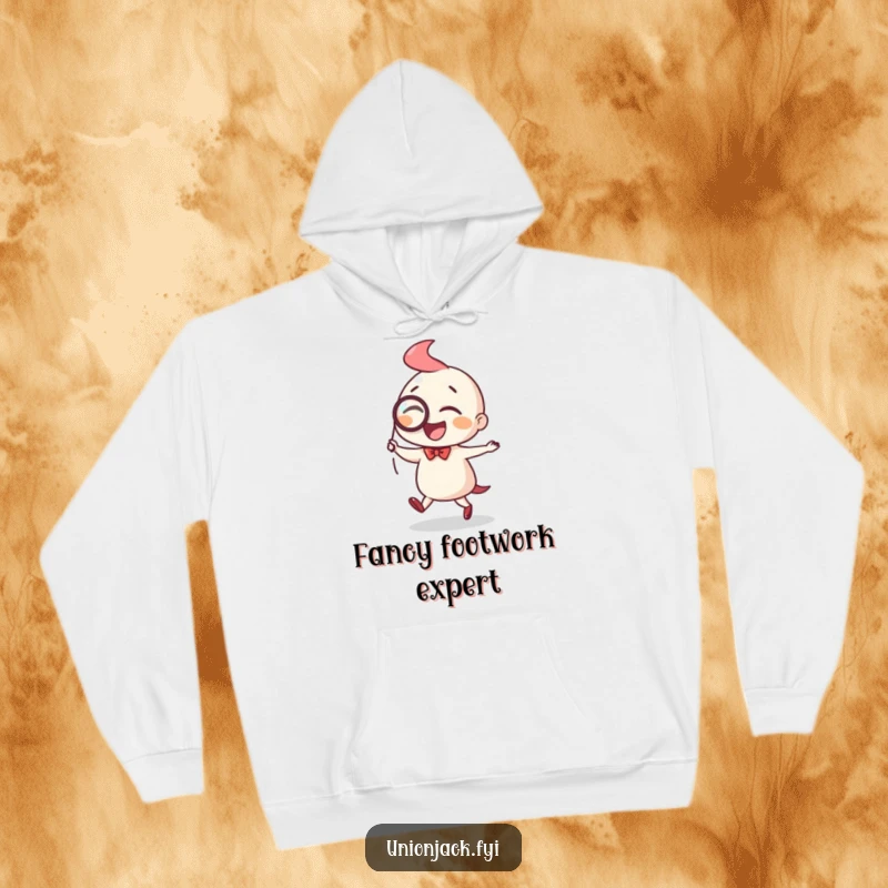 Funny hoodie featuring a character joyfully doing a little jig with a monocle, offering cozy and stylish amusement.