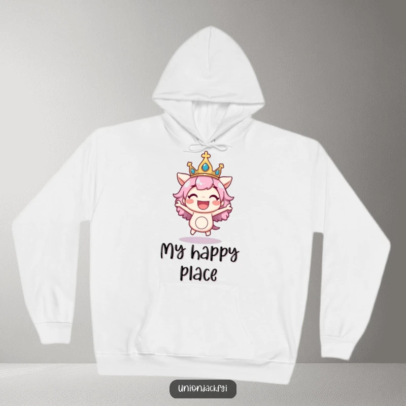 Funny hoodie featuring a character excitedly bouncing with a regal crown askew, offering cozy comfort and a dose of playful, regal excitement.