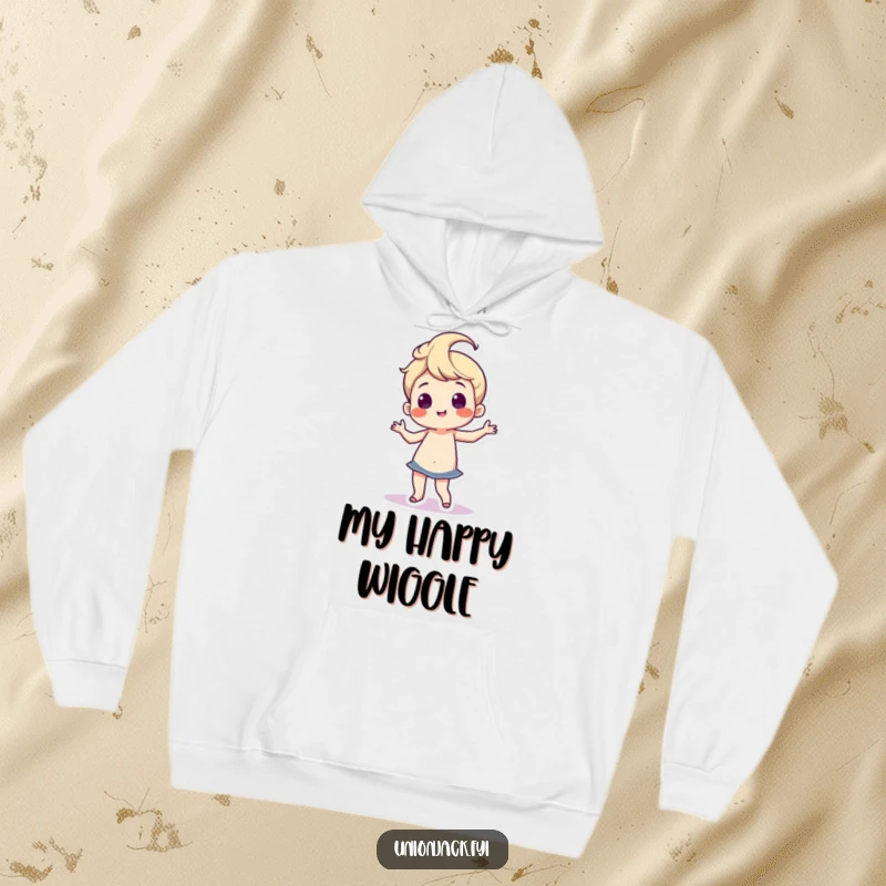 Funny hoodie with a character doing a silly, proud dance with wiggling hips, offering warmth and a vibe of uninhibited fun.