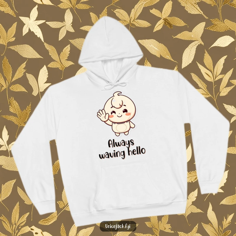 Funny hoodie with a character giving a warm, inviting wave and a smile, offering comfort and a vibe of cheerful camaraderie.