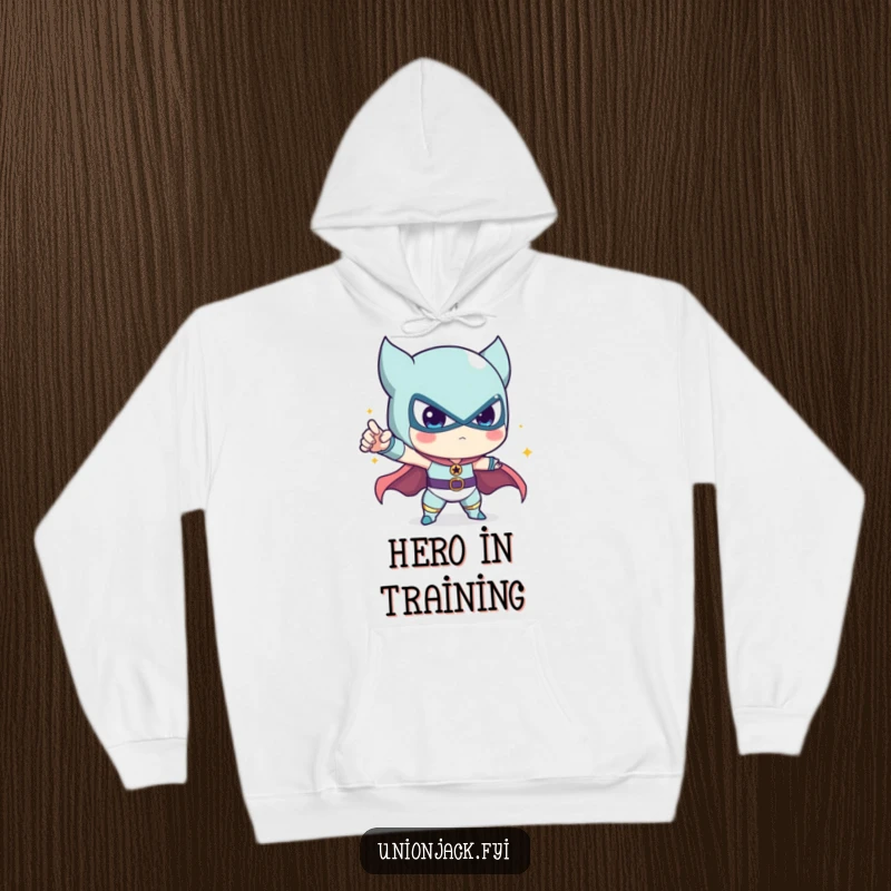 Funny hoodie with a cute character heroically posing, radiating joy and a touch of silliness.