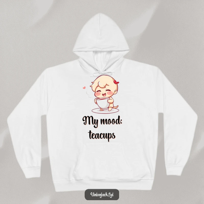 Funny hoodie depicting a giggling character with rosy cheeks, playfully throwing a teacup, offering comfort and a dose of lighthearted fun.