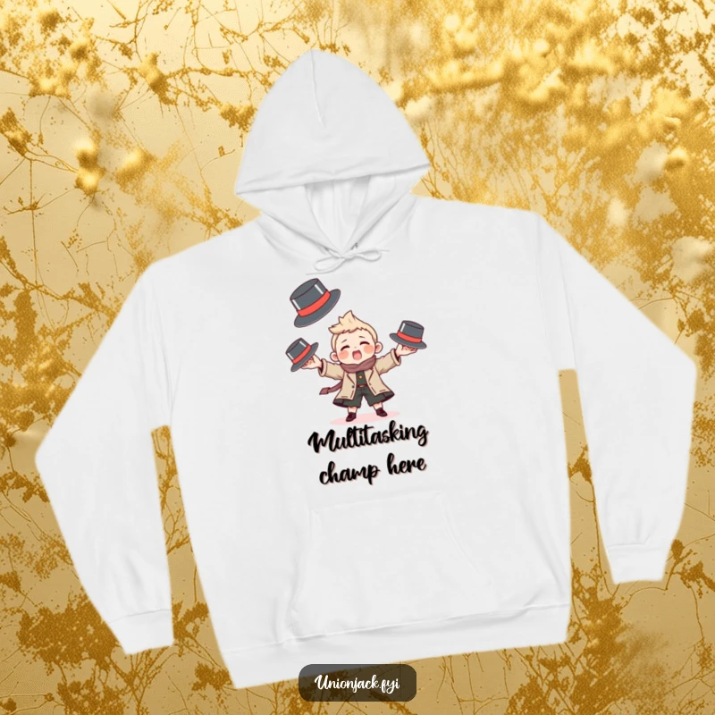 Funny hoodie with a character playfully juggling tiny bowler hats, offering cozy humor and skill.