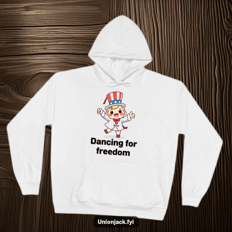 Funny hoodie featuring a happy character doing a patriotic jig, perfect for cozy and festive national celebrations.