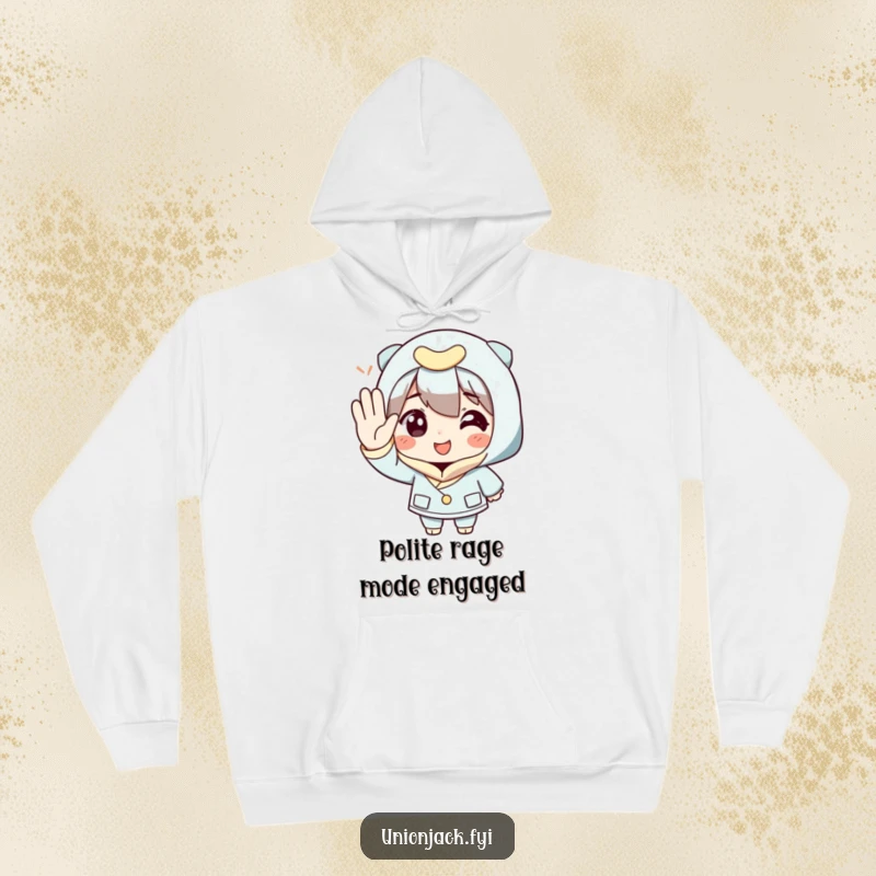 Funny Hoodie: A character gives a highly exaggerated, polite salute with a cheesy, wide grin.