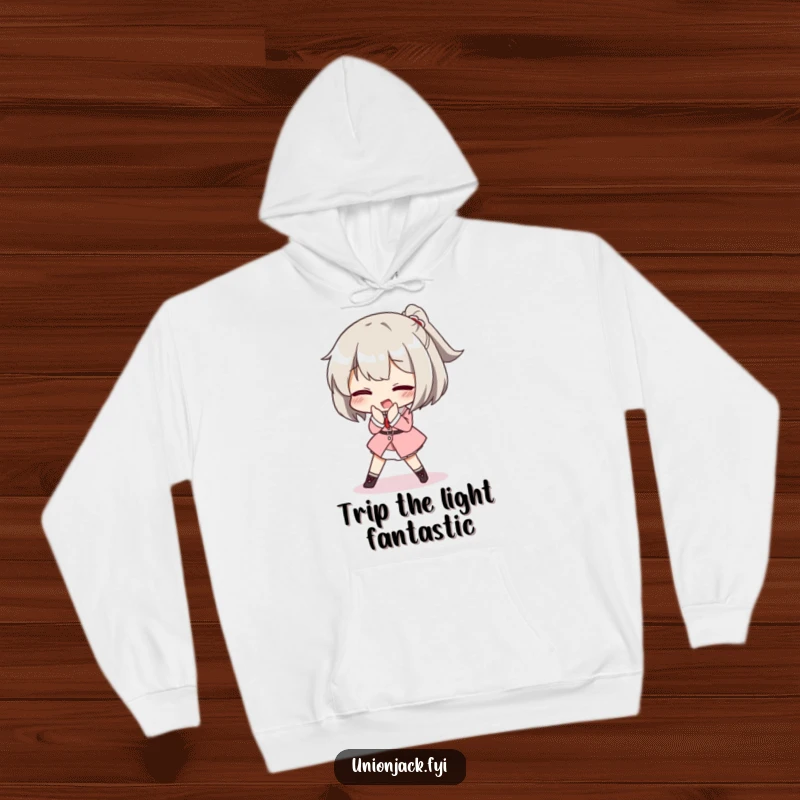 Funny hoodie featuring a character comically tripping while attempting a posh curtsey, offering cozy elegance and a dose of refined humor.