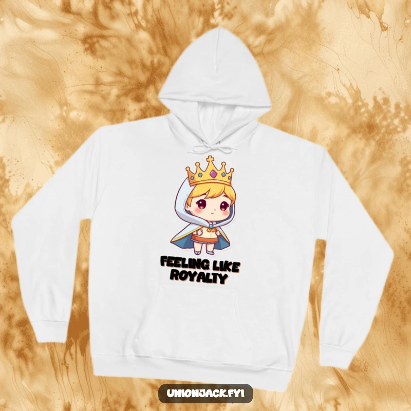 Funny hoodie with a character looking regal in a crown and cape, offering cozy, humorous grandeur.