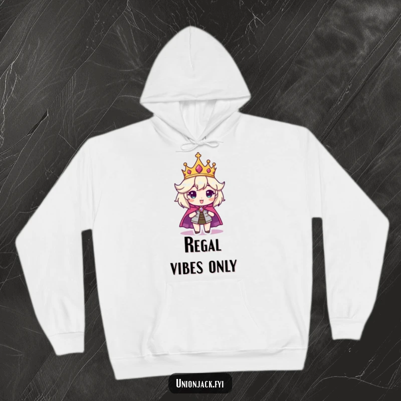 Funny hoodie featuring a character looking majestic in a crown and cape, offering warmth and humorous royal charm.