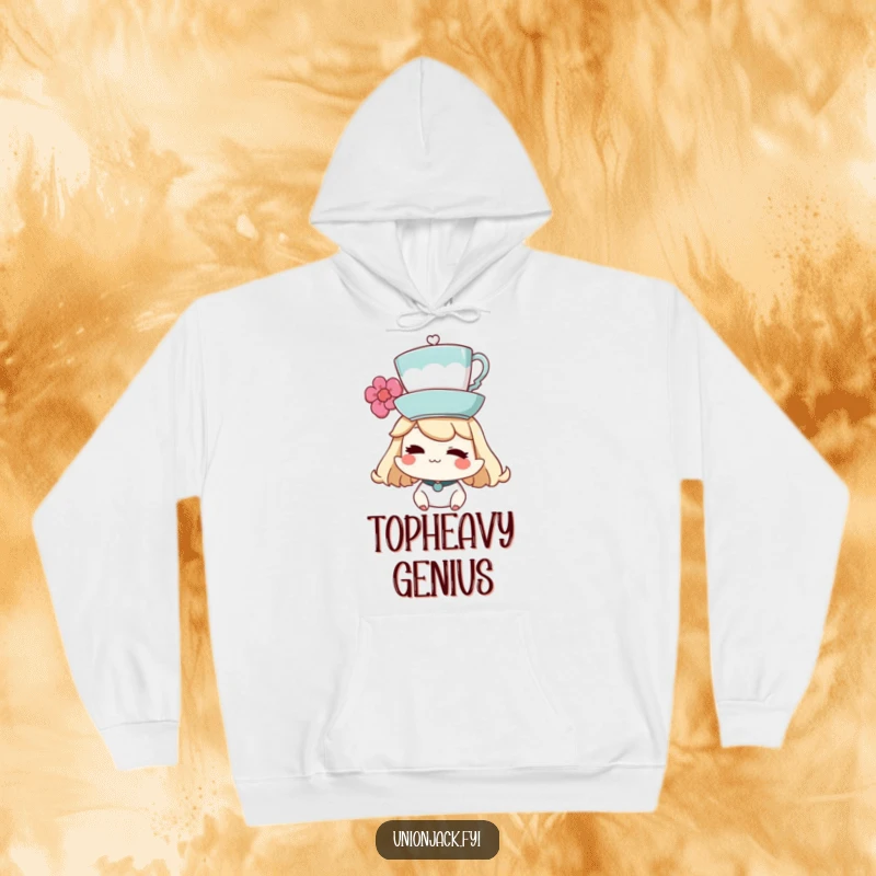 Funny Hoodie: Character winking while balancing a teacup on their head, exuding playful confidence and cozy vibes.