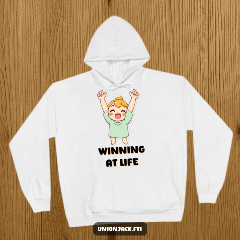 Funny Hoodie: Character cheering with arms raised in triumph, embodying victory and joyful celebration.