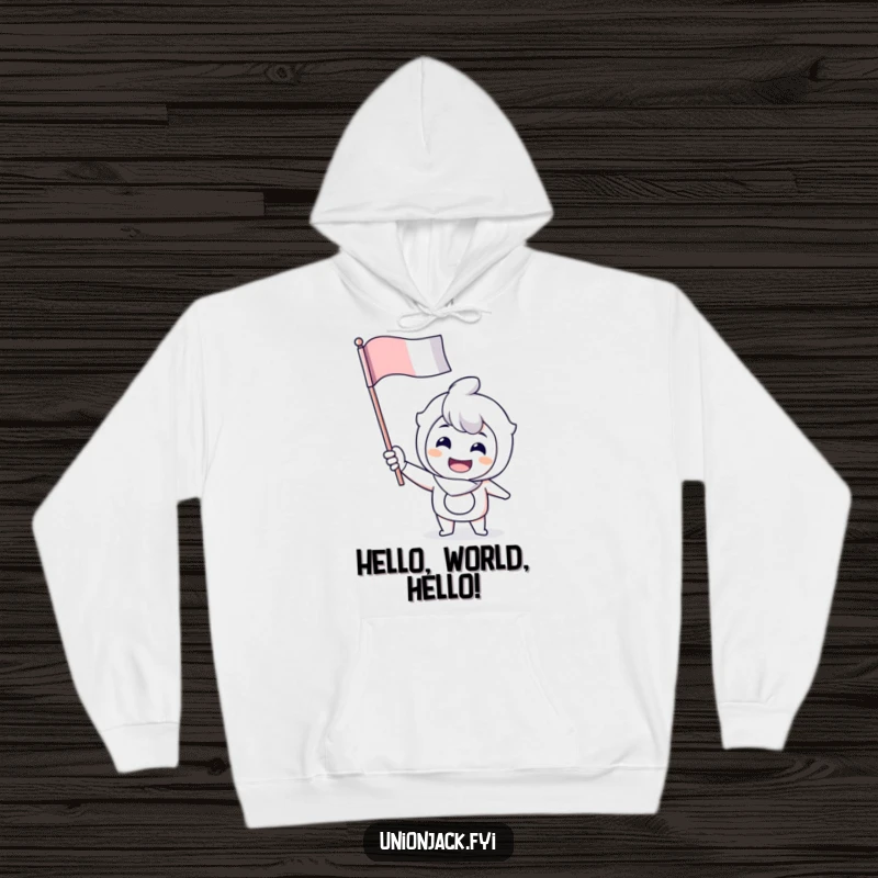 Funny hoodie featuring a cheerful character enthusiastically waving a flag, perfect for cozy, spirited wear.